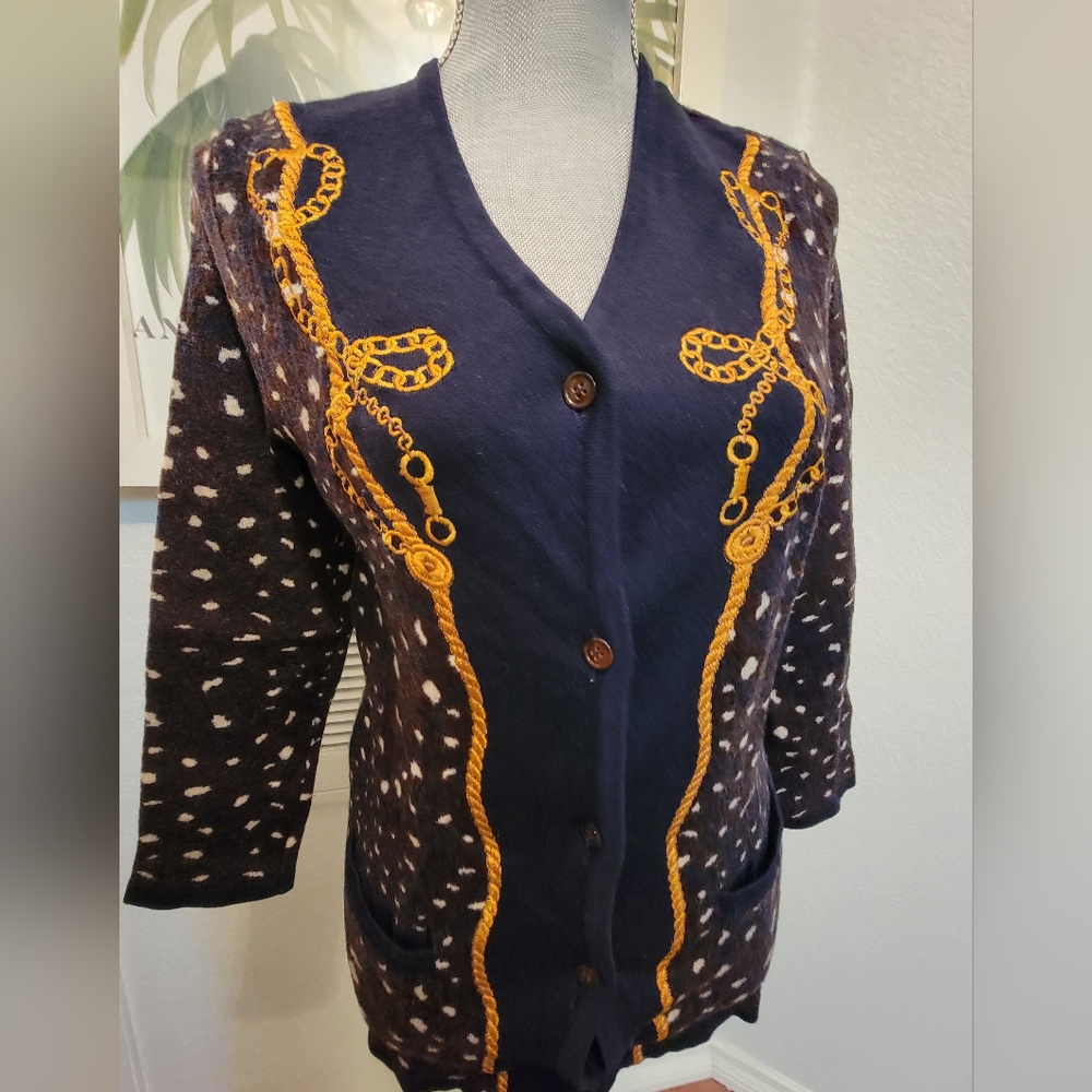 $1,000 LOUIS FERAUD BLUE DOT WOOL CARDIGAN SWEATER US 8